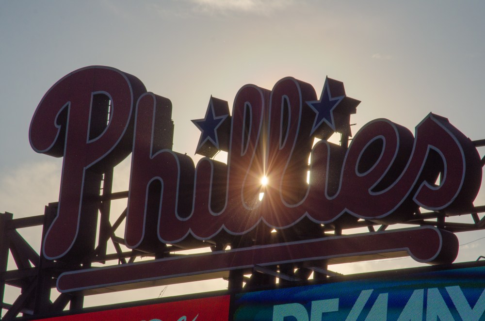 Phillies scoreboard at sunset