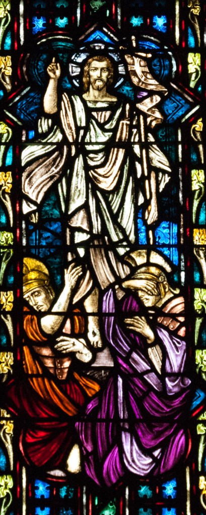 Jesus' resurrection as portrayed in stained glass.