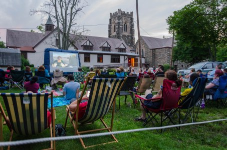 The seating area with Church building in the background