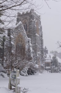 Central Baptist Church, covered in snow