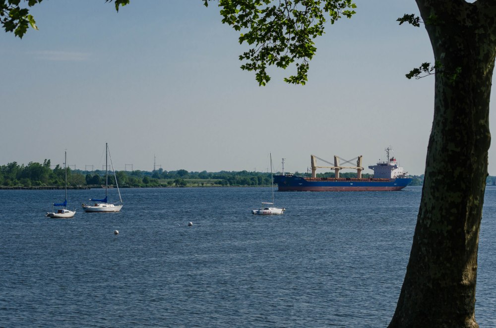 A cargo ship navigates down the Delaware.