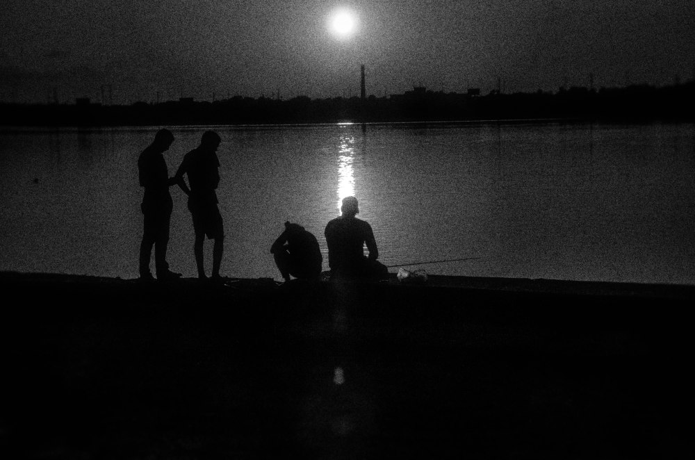 friends on the Delaware retaining wall, in BW