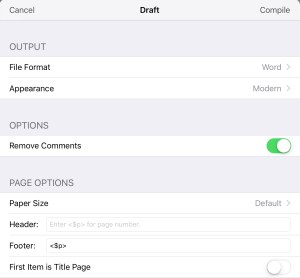 iOS Scrivener Compile Dialog