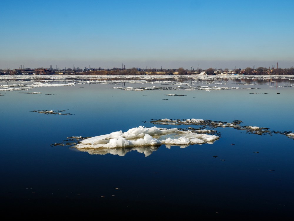 River ice melts on a warm February day